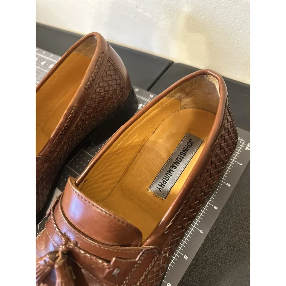 8 M Woven Leather Tassel Loafers J&M Johnston Murphy Dress Shoes Cognac Brown